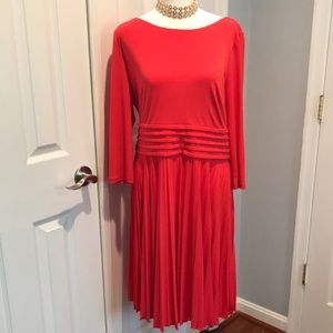 Eliza J coral dress with 3/4 sleeve and pleated skirt